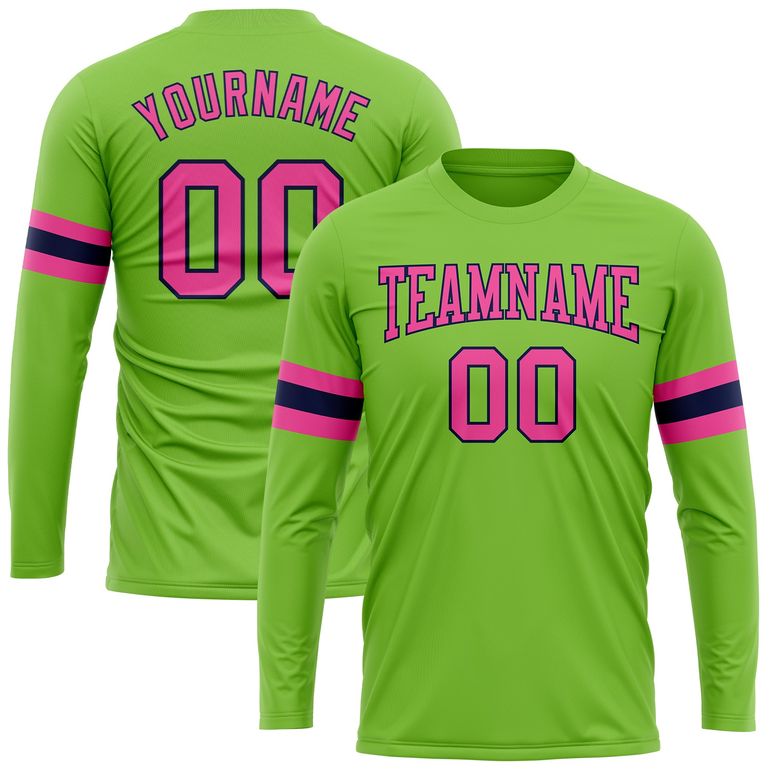 Custom Team Performance T-Shirt with Personalized Name & Number - Neon Green Pink-Navy Long Sleeve Personalized Neon Green