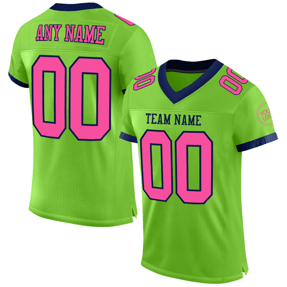 Personalized Neon Green Pink Navy Football Jersey - Authentic Mesh Jersey Personalized Neon Green Pink-Navy Mesh Authentic