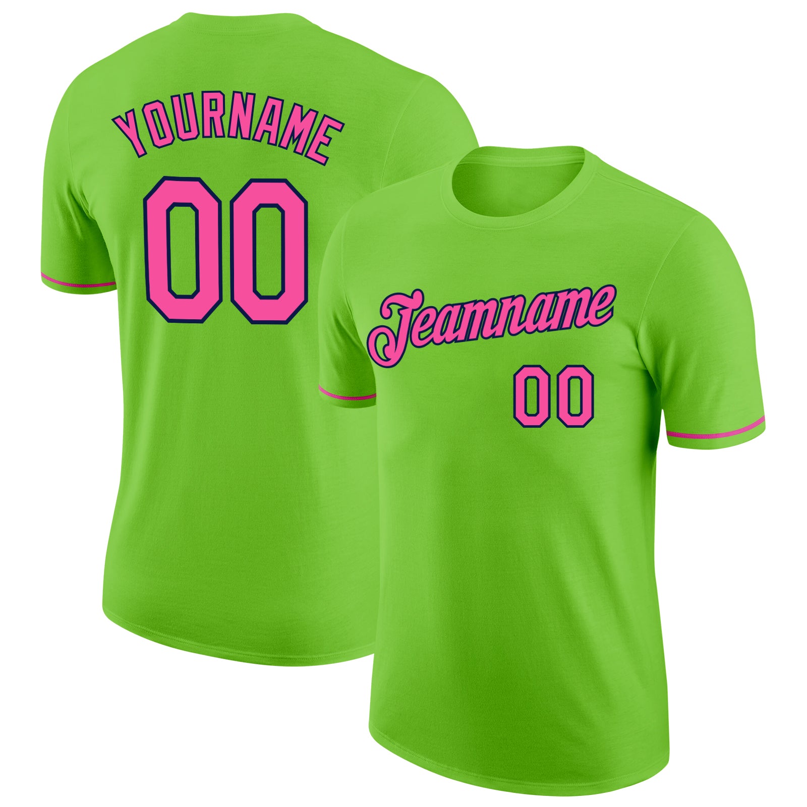 Custom Team Name Number Performance T-Shirt - Personalized Neon Green Pink Navy Personalized Neon Green Pink-Navy Performance