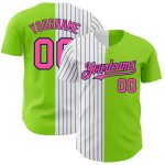 Personalized Neon Green Pink-Navy Pinstripe Authentic Split Fashion Baseball Jersey Team Custom Name and Number