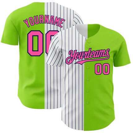 Personalized Neon Green Pink-Navy Pinstripe Authentic Split Fashion Baseball Jersey Team Custom Name and Number