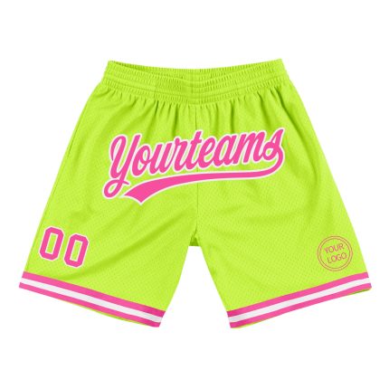 Personalized Neon Green Pink White Basketball Shorts - Authentic Throwback Style Personalized Neon Green Pink-White Authentic