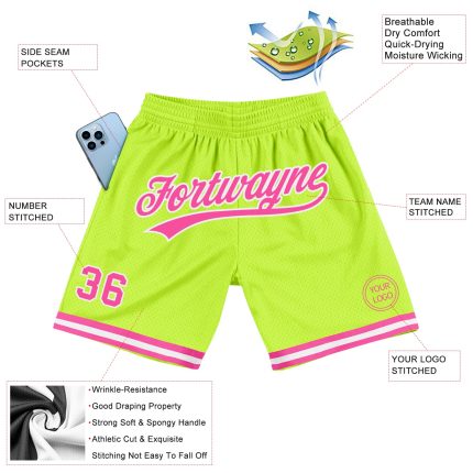 Personalized Neon Green Pink White Basketball Shorts - Authentic Throwback Style Personalized Neon Green Pink-White Authentic