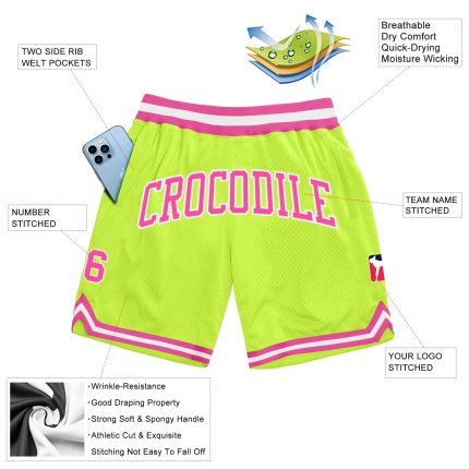 Custom Neon Green Pink-White Basketball Shorts with Team Name and Number - Authentic Throwback Style Personalized Neon Green
