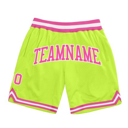 Custom Neon Green Pink-White Basketball Shorts with Team Name and Number - Authentic Throwback Style Personalized Neon Green