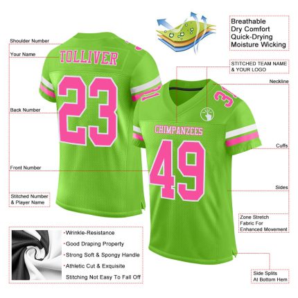 Personalized Neon Green Pink-White Mesh Authentic Football Jersey Team Custom Name and Number