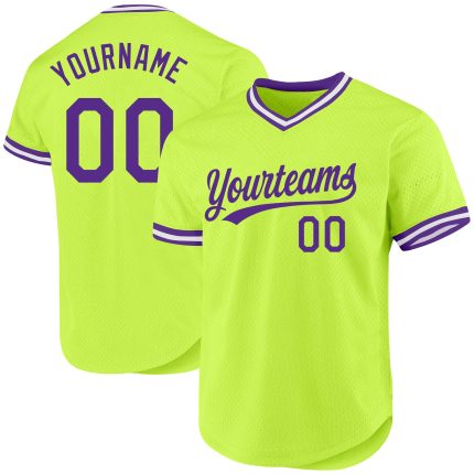 Custom Name and Number Authentic Throwback Baseball Jersey - Neon Green Purple-White Team Design Personalized Neon Green