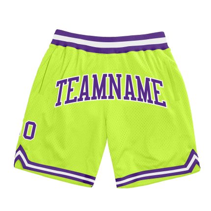 Personalized Neon Basketball Shorts in Green, Purple, and White - Authentic Throwback Style Personalized Neon Green Purple-White