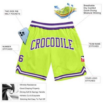 Personalized Neon Basketball Shorts in Green, Purple, and White - Authentic Throwback Style Personalized Neon Green Purple-White
