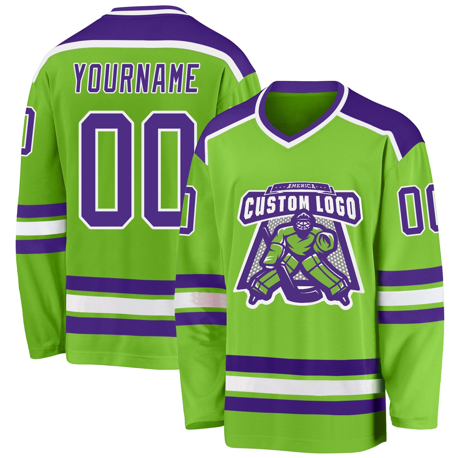 Personalized Hockey Jersey in Neon Green and Purple-White Color Scheme Personalized Neon Green Purple-White Hockey Jersey