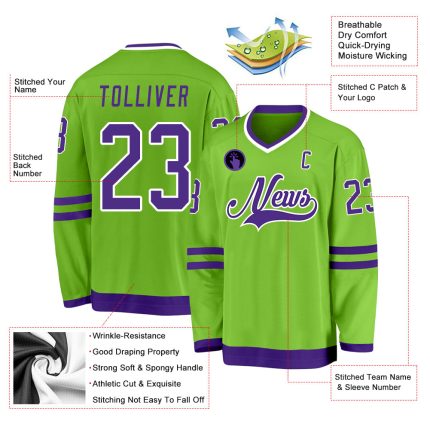 Custom Neon Hockey Jersey with Name & Number - Green Purple White Team Apparel Personalized Neon Green Purple-White Hockey