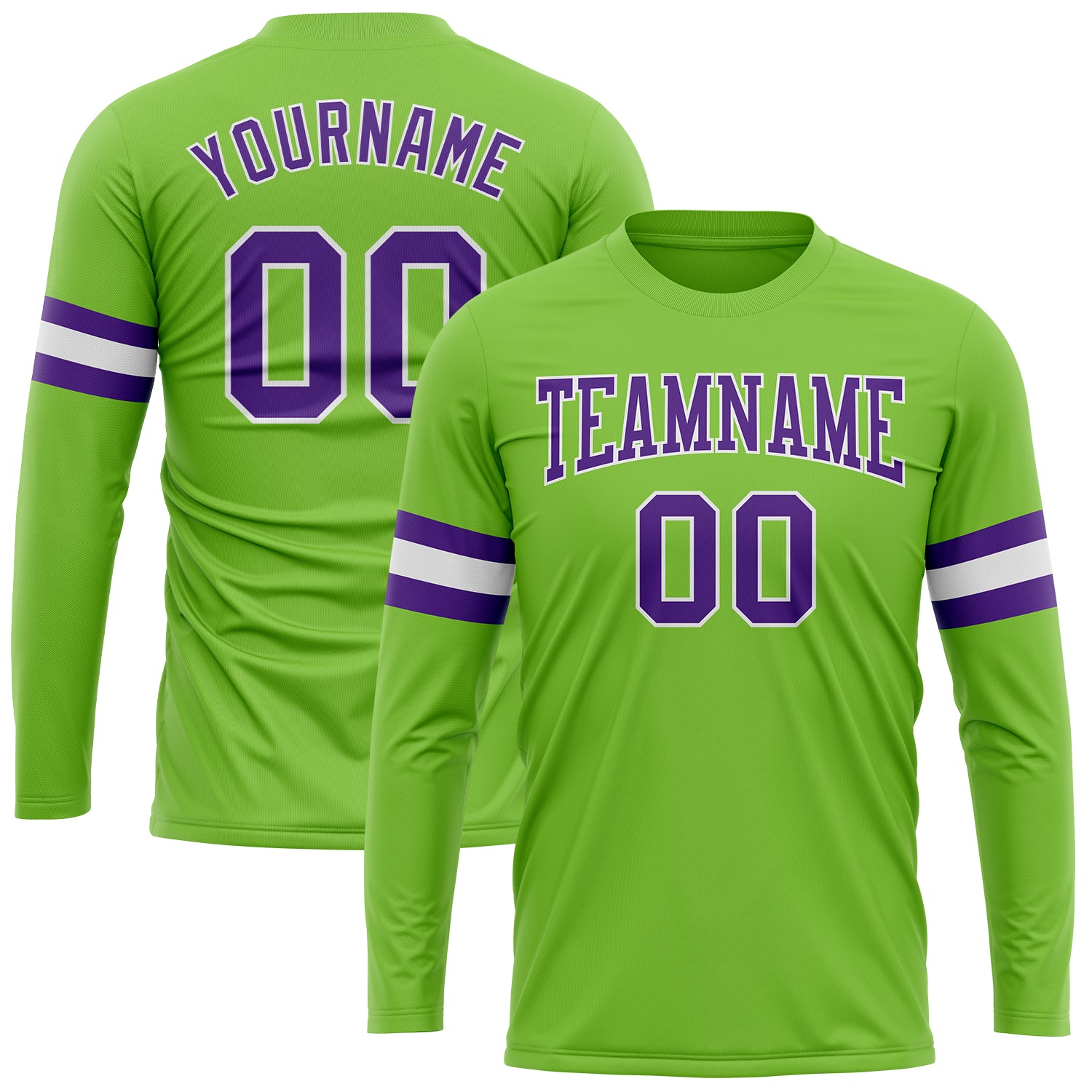 Custom Team Name Number Long Sleeve Performance T-Shirt in Neon Green Purple White Personalized Neon Green Purple-White Long