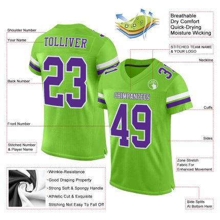 Customizable Football Jersey with Neon Green Purple White Mesh - Personalized Name & Number Personalized Neon Green Purple-White