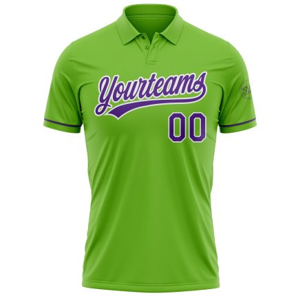 Custom Neon Green Purple-White Golf Polo Shirt with Team Name and Number - Performance Vapor Apparel Personalized Neon Green