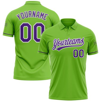 Custom Neon Green Purple-White Golf Polo Shirt with Team Name and Number - Performance Vapor Apparel Personalized Neon Green