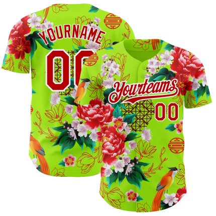 Personalized Neon Green Red-White 3D Pattern Design Northeast China Big Flower Authentic Baseball Jersey Team Custom Name and Number