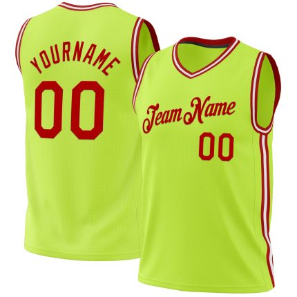 Custom Personalized Authentic Basketball Jersey - Neon Green Red-White with Team Name & Number Personalized Neon Green Red-White