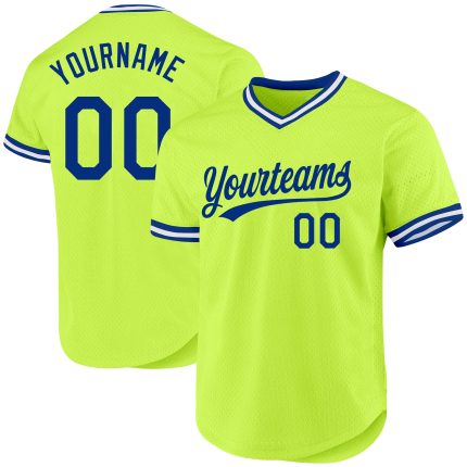 Personalized Neon Green Royal-White Authentic Throwback Baseball Jersey Team Custom Name and Number
