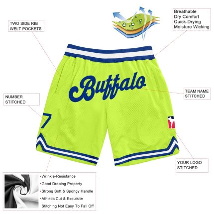 Personalized Neon Green Royal-White Authentic Throwback Basketball Shorts Team Custom Name and Number