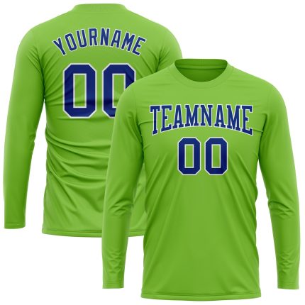 Personalized Neon Green Royal-White Long Sleeve Performance T-Shirt Team Custom Name and Number