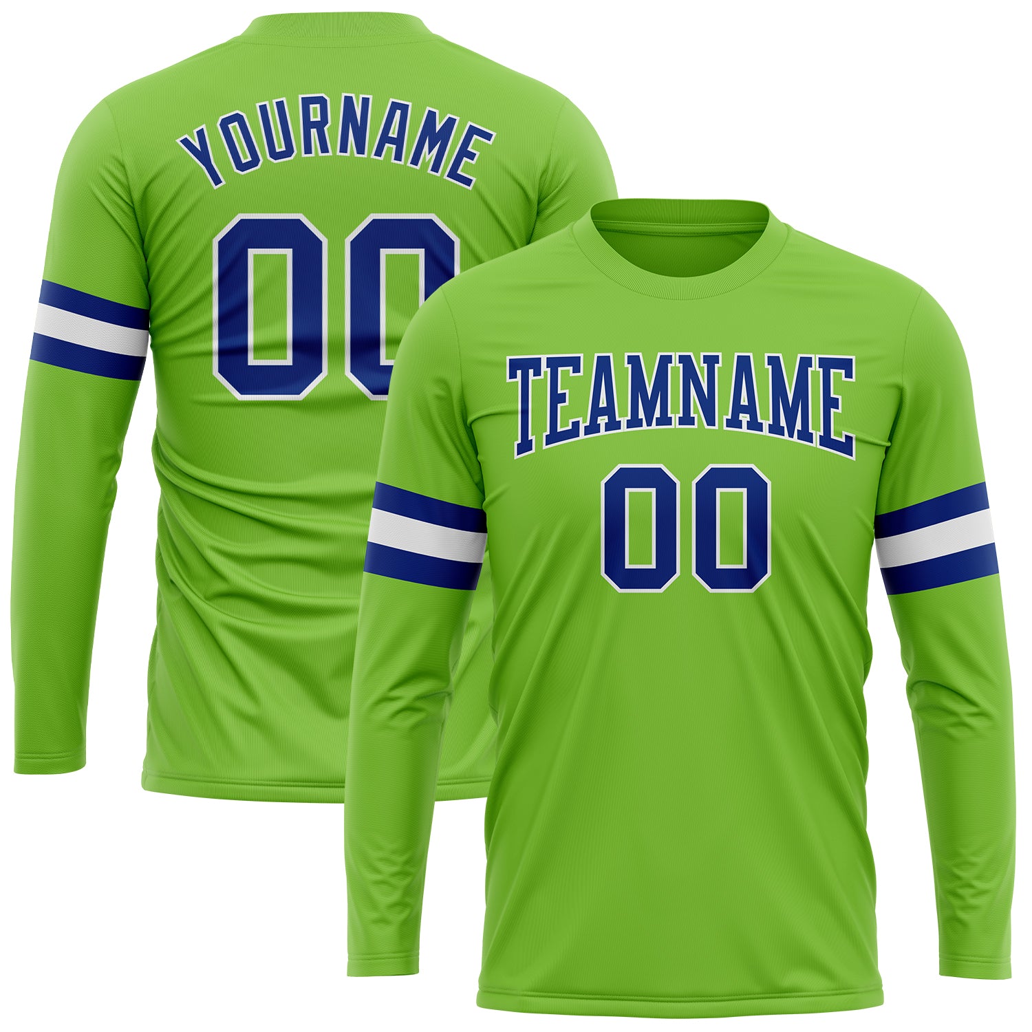 Personalized Neon Green Royal-White Long Sleeve Performance T-Shirt Team Custom Name and Number