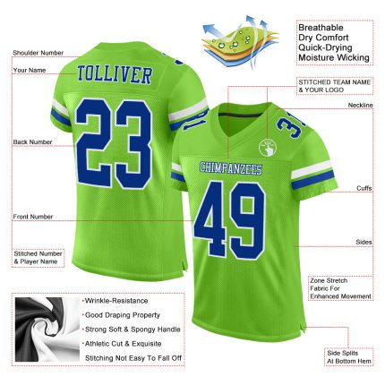 Personalized Neon Green Royal-White Mesh Authentic Football Jersey Team Custom Name and Number