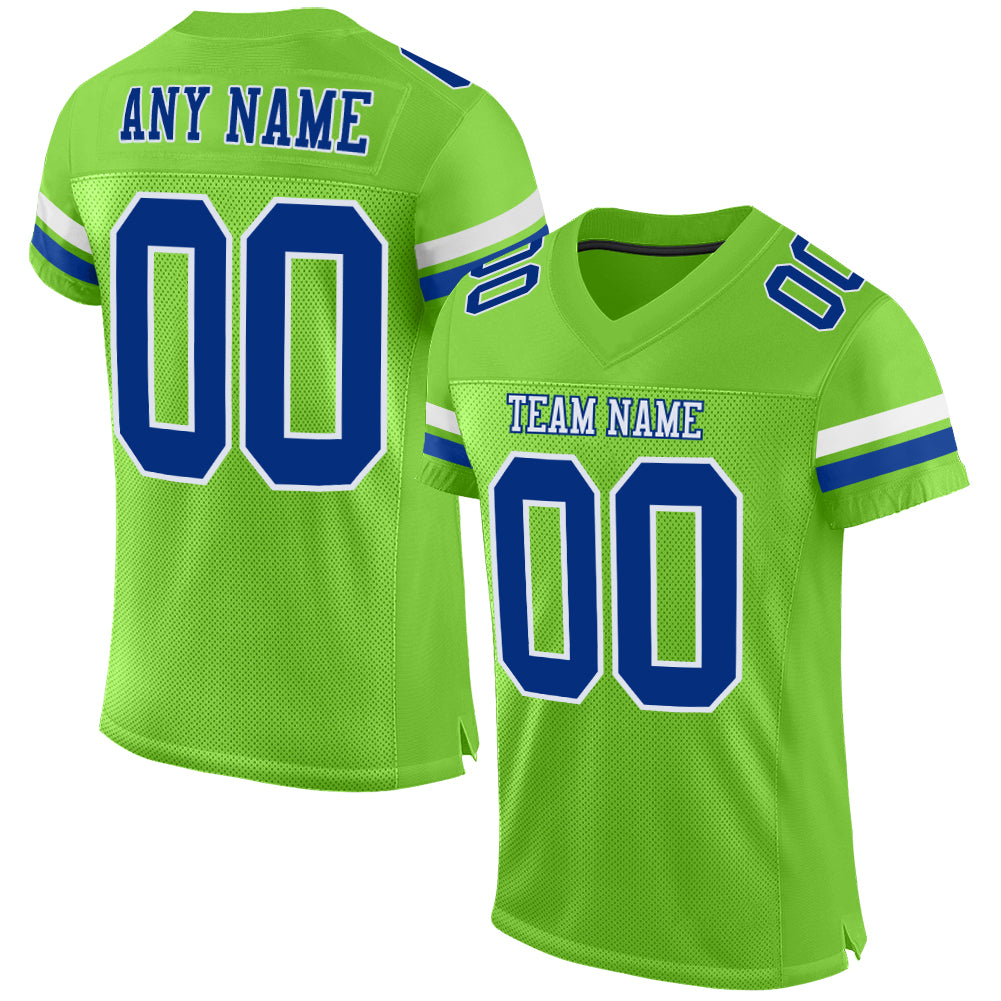 Personalized Neon Green Royal-White Mesh Authentic Football Jersey Team Custom Name and Number