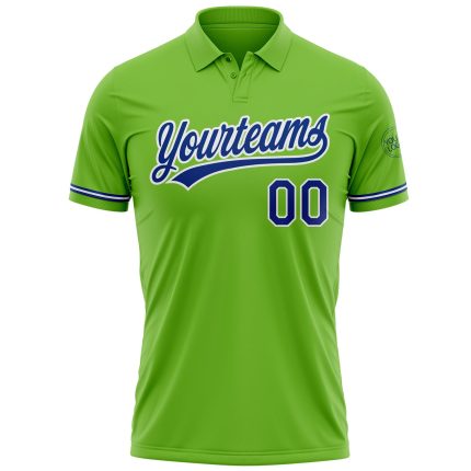 Custom Neon Green Golf Polo Shirt with Team Name & Number - Performance Royal-White Shirt Personalized Neon Green Royal-White