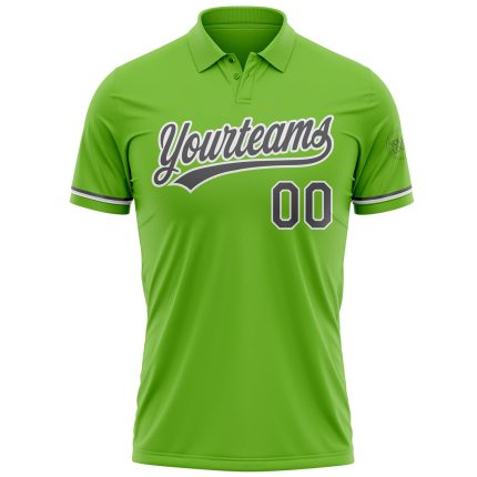 Custom Neon Green Performance Golf Polo Shirt with Gray-White Accent, Personalized Name and Number Personalized Neon Green