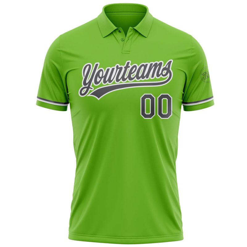 Custom Neon Green Performance Golf Polo Shirt with Gray-White Accent, Personalized Name and Number Personalized Neon Green