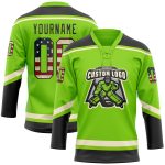 Custom Name and Number Vintage USA Flag Hockey Lace Neck Jersey in Neon Green and Black-Cream Personalized Neon Green Vintage