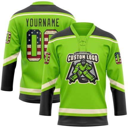 Custom Name and Number Vintage USA Flag Hockey Lace Neck Jersey in Neon Green and Black-Cream Personalized Neon Green Vintage