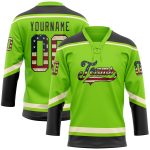 Custom Name and Number Vintage USA Flag Hockey Lace Neck Jersey in Neon Green and Black-Cream Personalized Neon Green Vintage