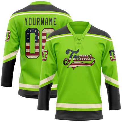 Custom Name and Number Vintage USA Flag Hockey Lace Neck Jersey in Neon Green and Black-Cream Personalized Neon Green Vintage