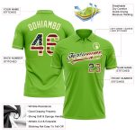 Custom Neon Green Vintage USA Flag Golf Polo Shirt with Name and Number - Cream Performance Vapor Design Personalized Neon