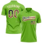 Custom Neon Green Vintage USA Flag Golf Polo Shirt with Name and Number - Cream Performance Vapor Design Personalized Neon