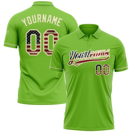 Custom Neon Green Vintage USA Flag Golf Polo Shirt with Name and Number - Cream Performance Vapor Design Personalized Neon