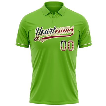 Custom Neon Green Vintage USA Flag Golf Polo Shirt with Name and Number - Cream Performance Vapor Design Personalized Neon