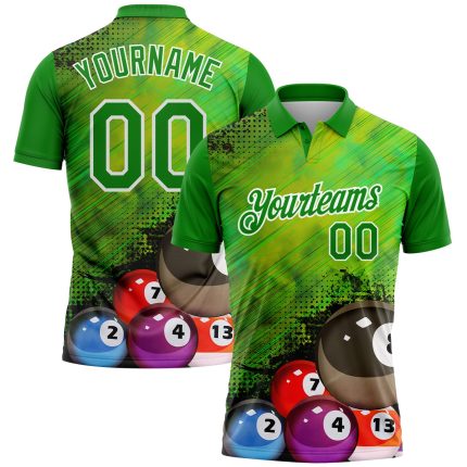 Personalized Neon Green White 3D Pattern Design Billiards Performance Polo Shirt Team Custom Name and Number