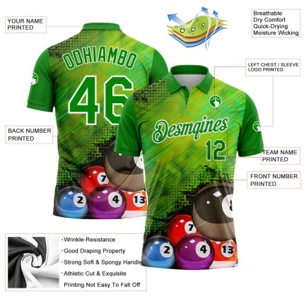 Personalized Neon Green White 3D Pattern Design Billiards Performance Polo Shirt Team Custom Name and Number