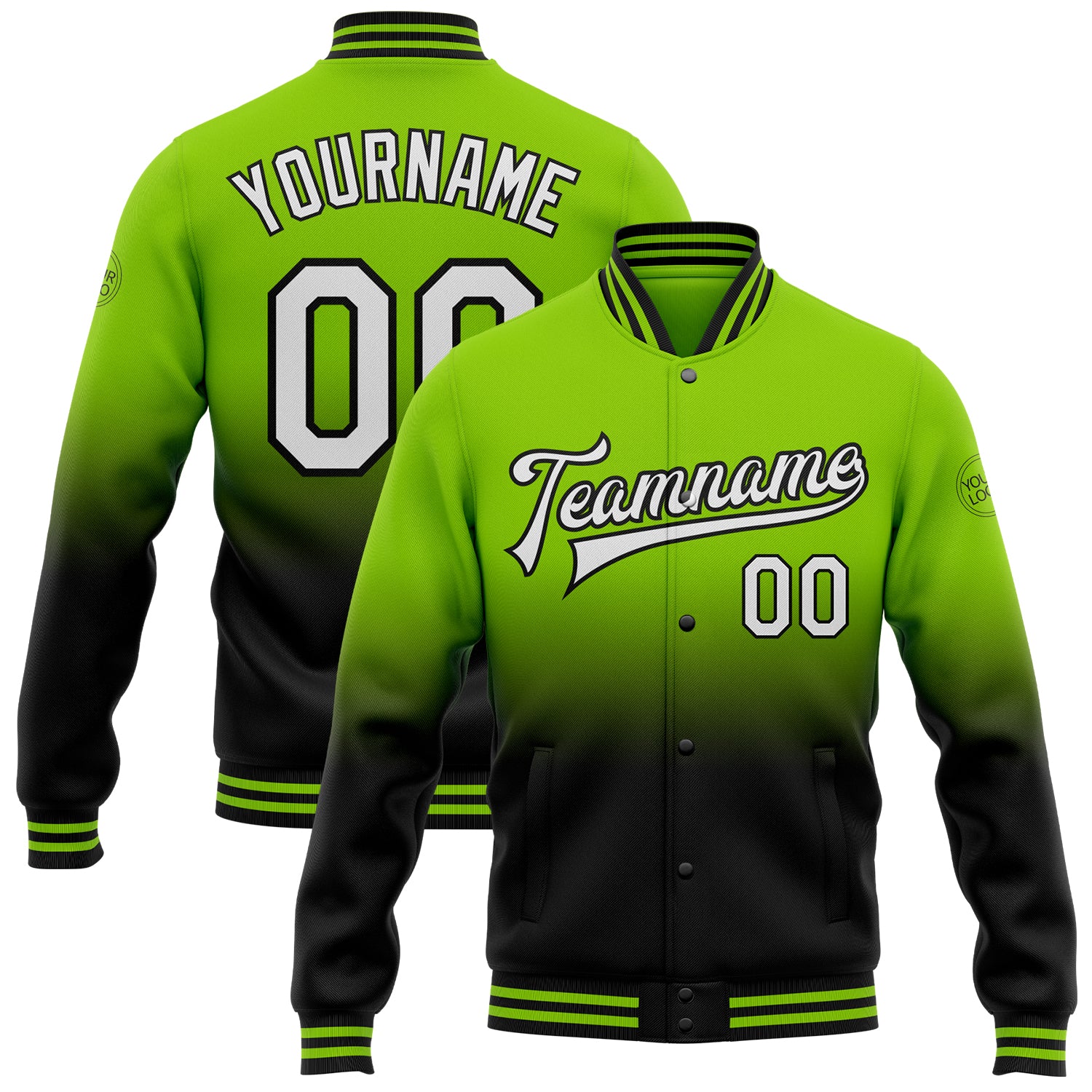 Custom Name Number Varsity Jacket Neon Green White Black Bomber Full-Snap Fashion Fade Team Letterman Personalized Neon Green