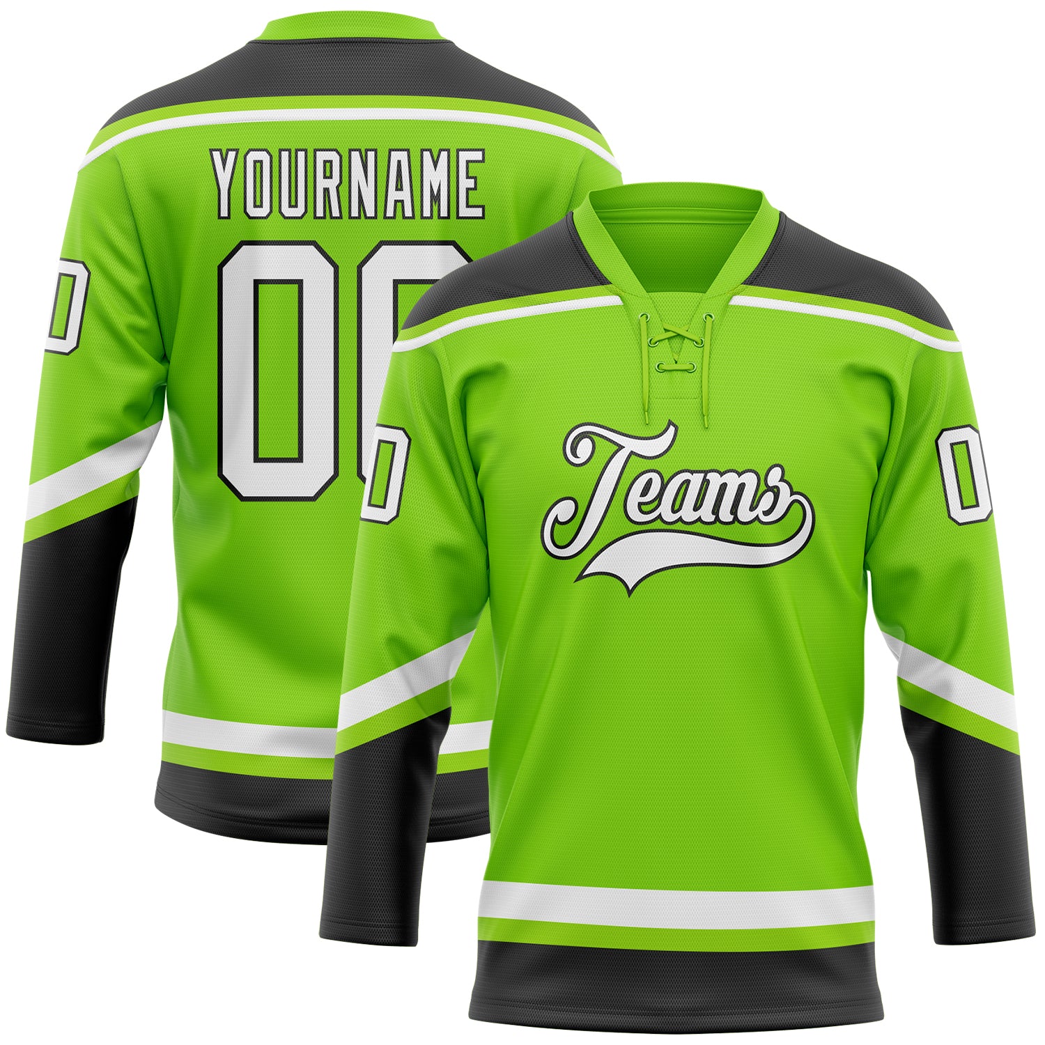 Personalized Neon Green White-Black Hockey Lace Neck Jersey Team Custom Name and Number