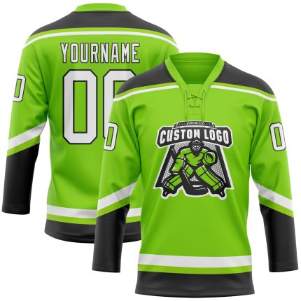 Personalized Neon Green White-Black Hockey Lace Neck Jersey Team Custom Name and Number