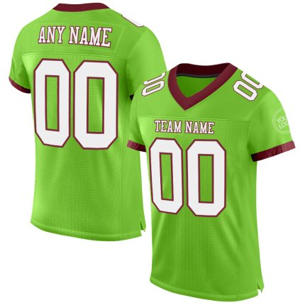 Personalized Neon Green and White Burgundy Football Jersey - Authentic Mesh Jersey Personalized Neon Green White-Burgundy