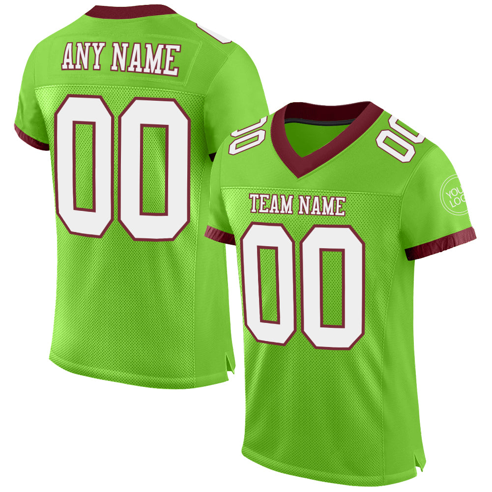 Personalized Neon Green and White Burgundy Football Jersey - Authentic Mesh Jersey Personalized Neon Green White-Burgundy