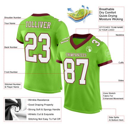 Personalized Neon Green and White Burgundy Football Jersey - Authentic Mesh Jersey Personalized Neon Green White-Burgundy