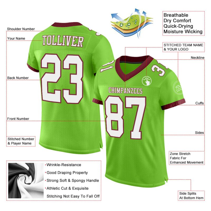 Personalized Neon Green and White Burgundy Football Jersey - Authentic Mesh Jersey Personalized Neon Green White-Burgundy