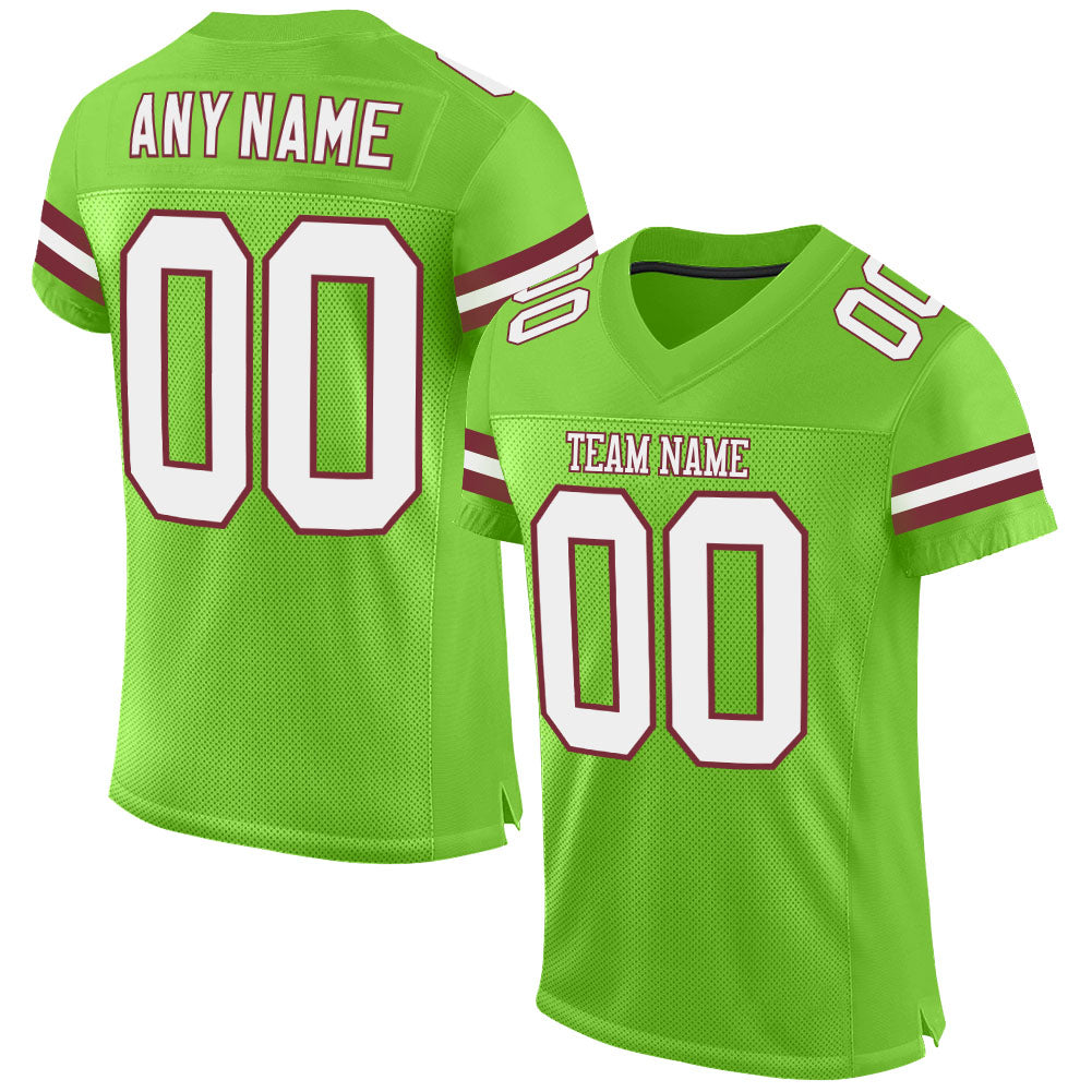 Personalized Neon Green White-Burgundy Mesh Authentic Football Jersey Team Custom Name and Number