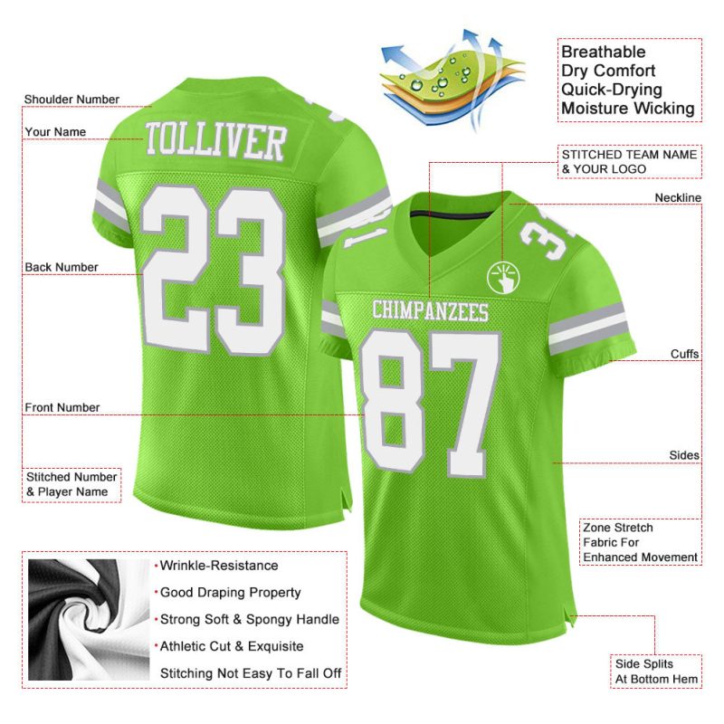 Personalized Neon Green White-Gray Mesh Authentic Football Jersey Team Custom Name and Number
