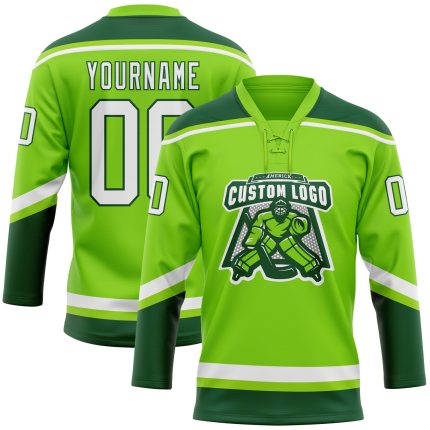 Personalized Neon Green White-Green Hockey Lace Neck Jersey Team Custom Name and Number